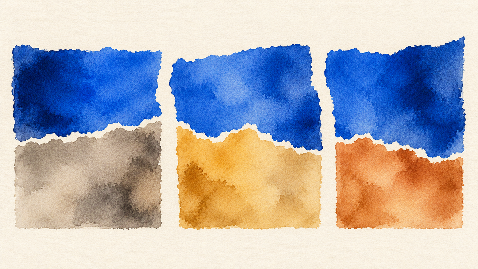 A blue watercolour rectangle torn into three pieces, each resting on a different coloured ground.