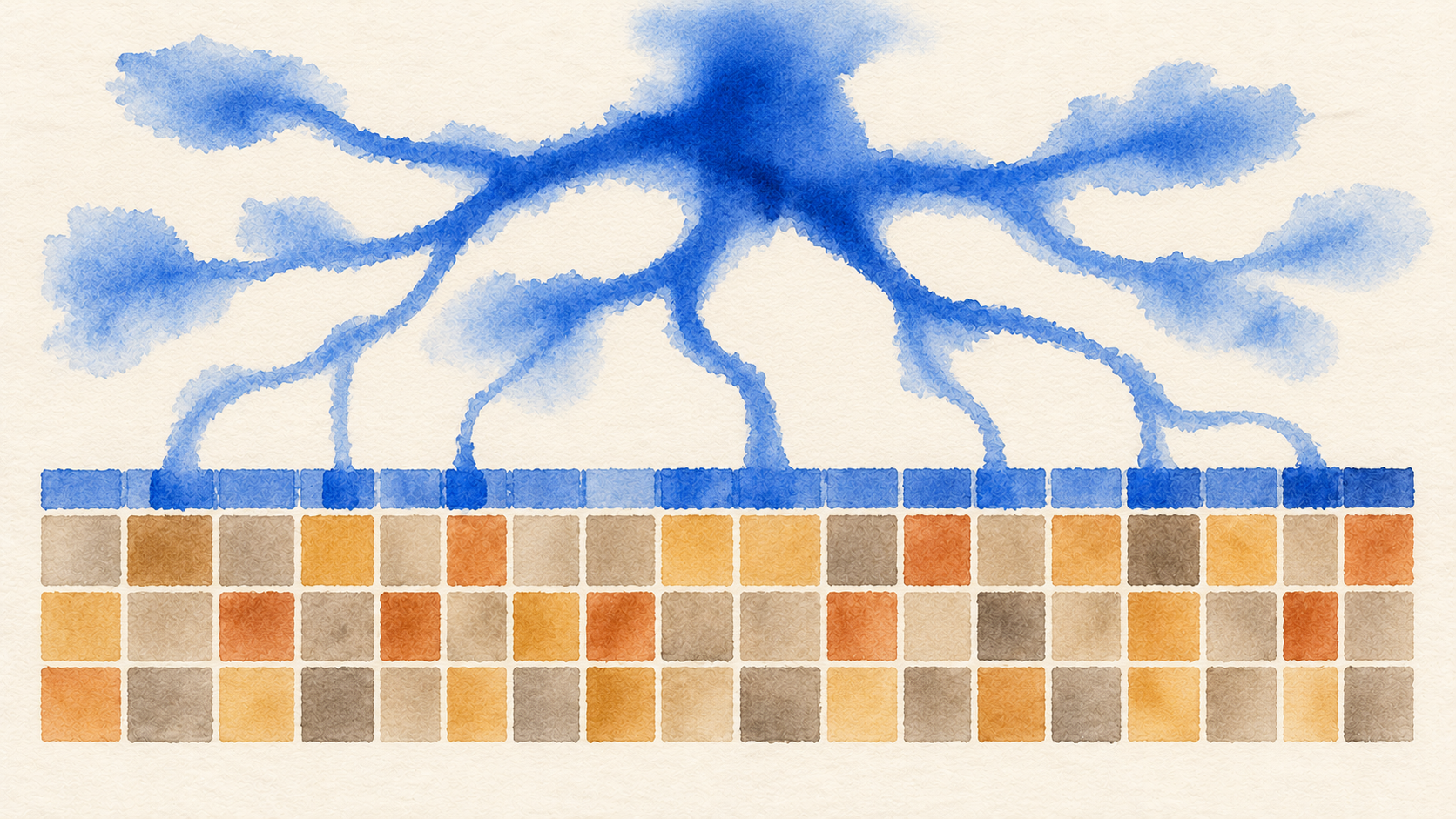 A blue branching watercolour form above a grid of muted squares, joined by a bright blue band.