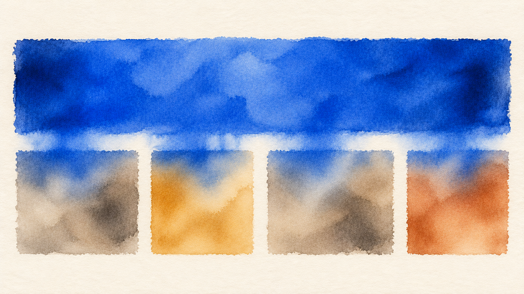 Blue watercolour bleeding down from a wide top field into four separate fields below.