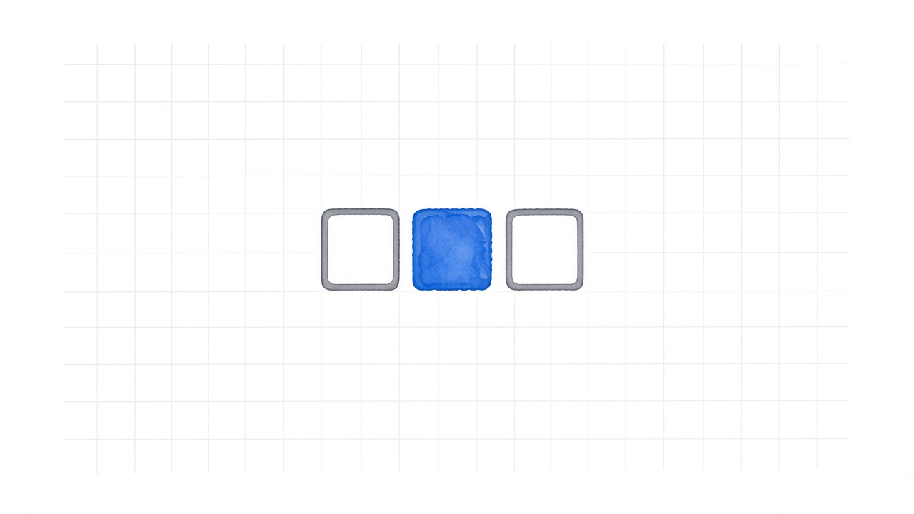 Three tiles in a row; only the middle one is filled Duodata blue.
