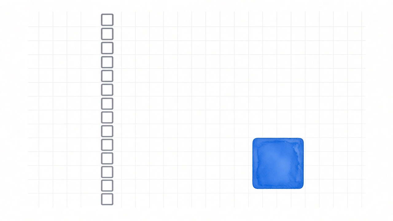 A dense grid of tiny hollow tiles beside one large blue tile.
