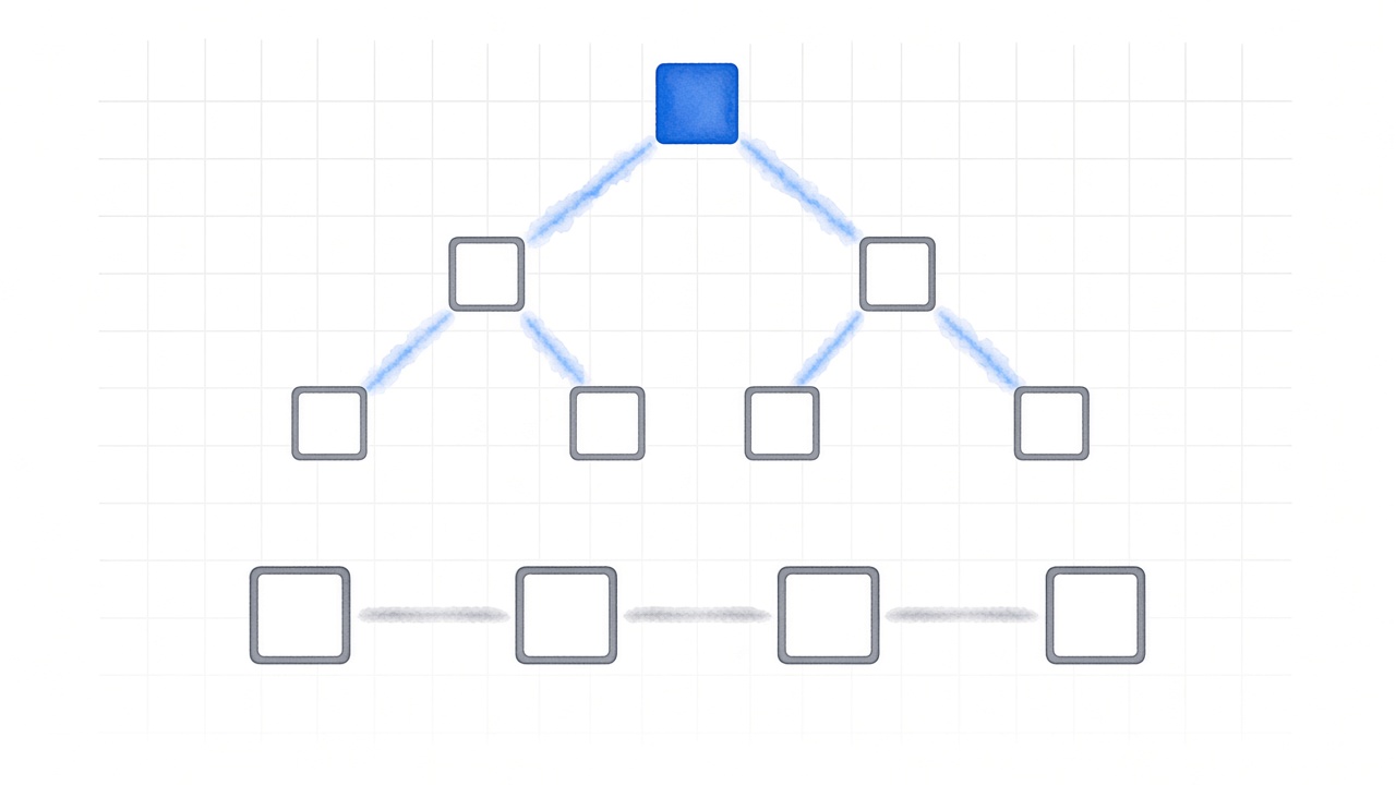 A gray linear conveyor of tiles under a blue branching tree that feeds one KPI.