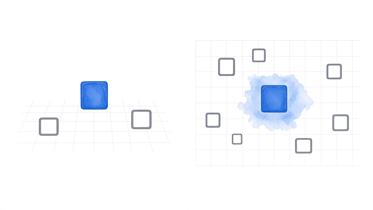 A blue tile hovering above the grid beside the same tile stamped into the grid.