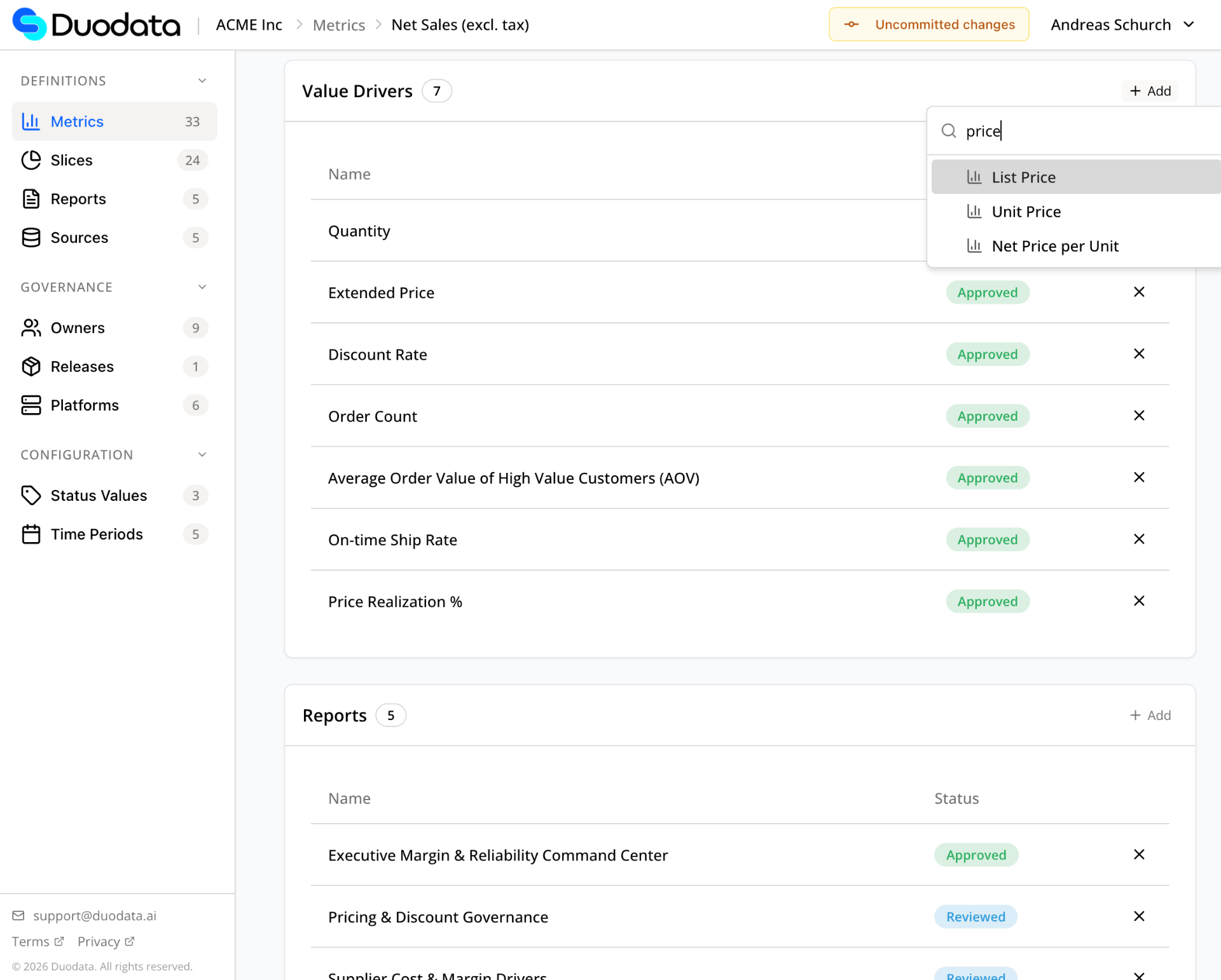 Value drivers on a metric