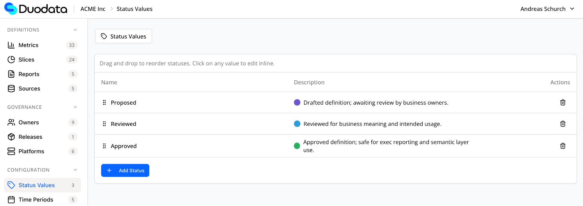 Status values configuration